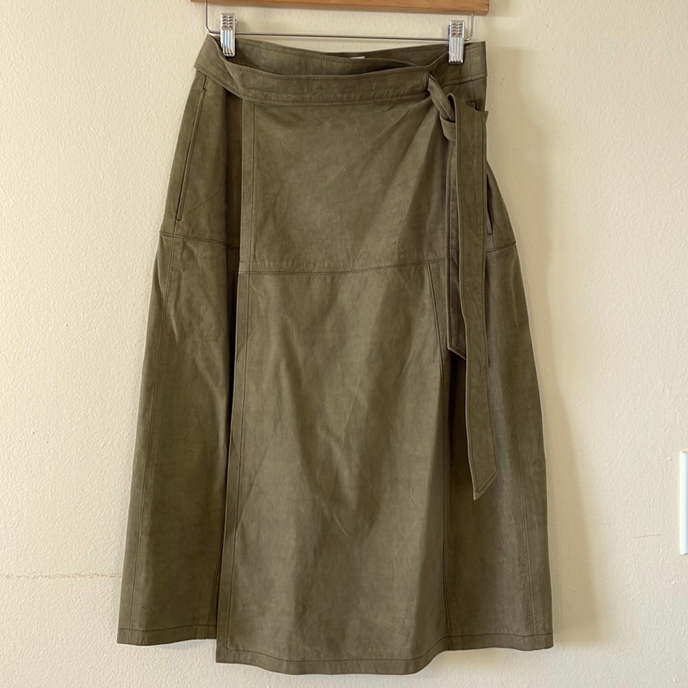 Frame khaki green suede midi wrap skirt